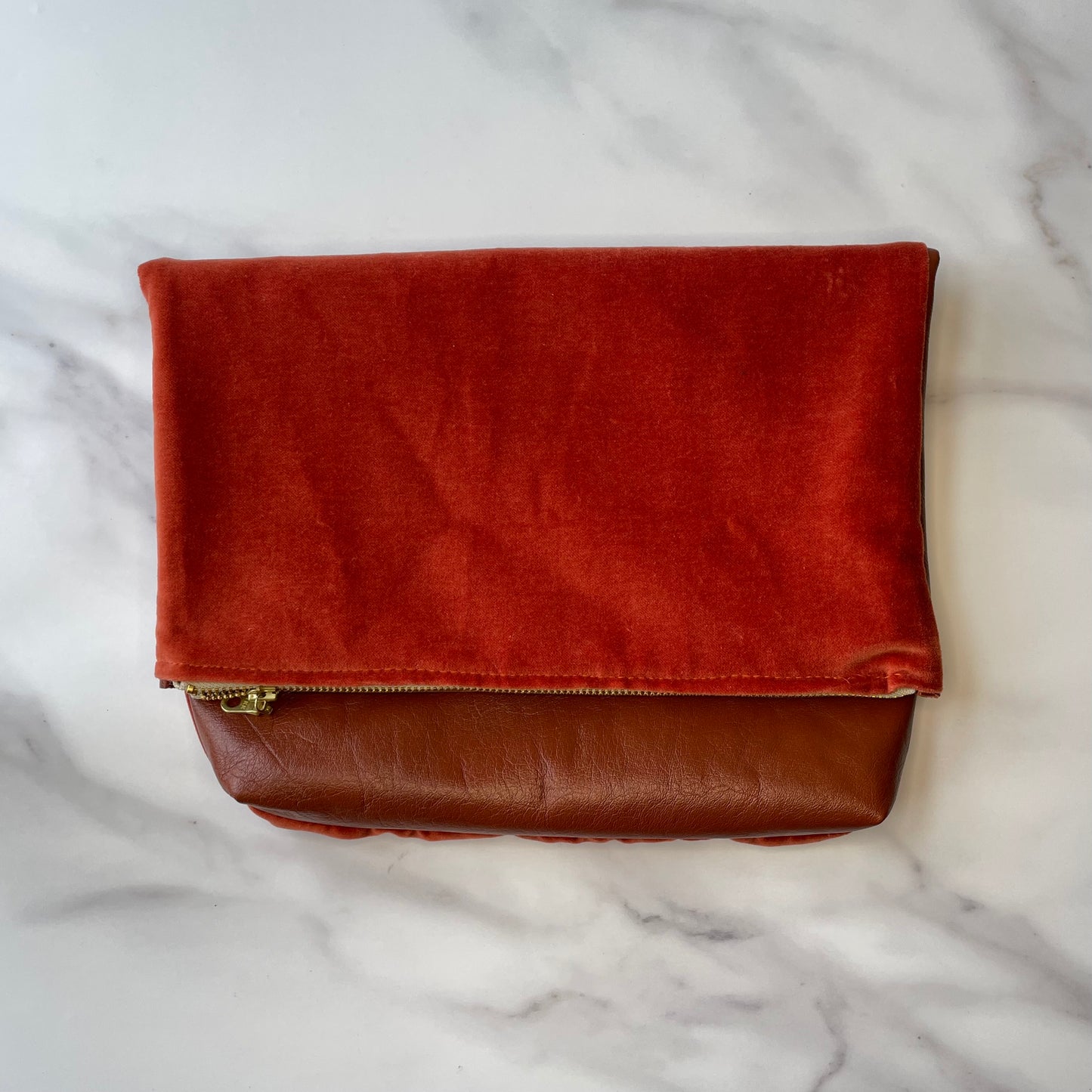Foldover Clutch: Brown Leather / Rust Velvet