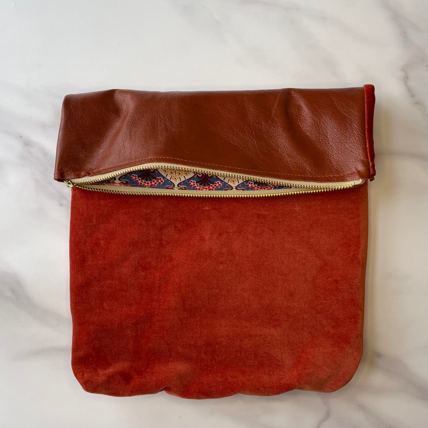 Foldover Clutch: Brown Leather / Rust Velvet
