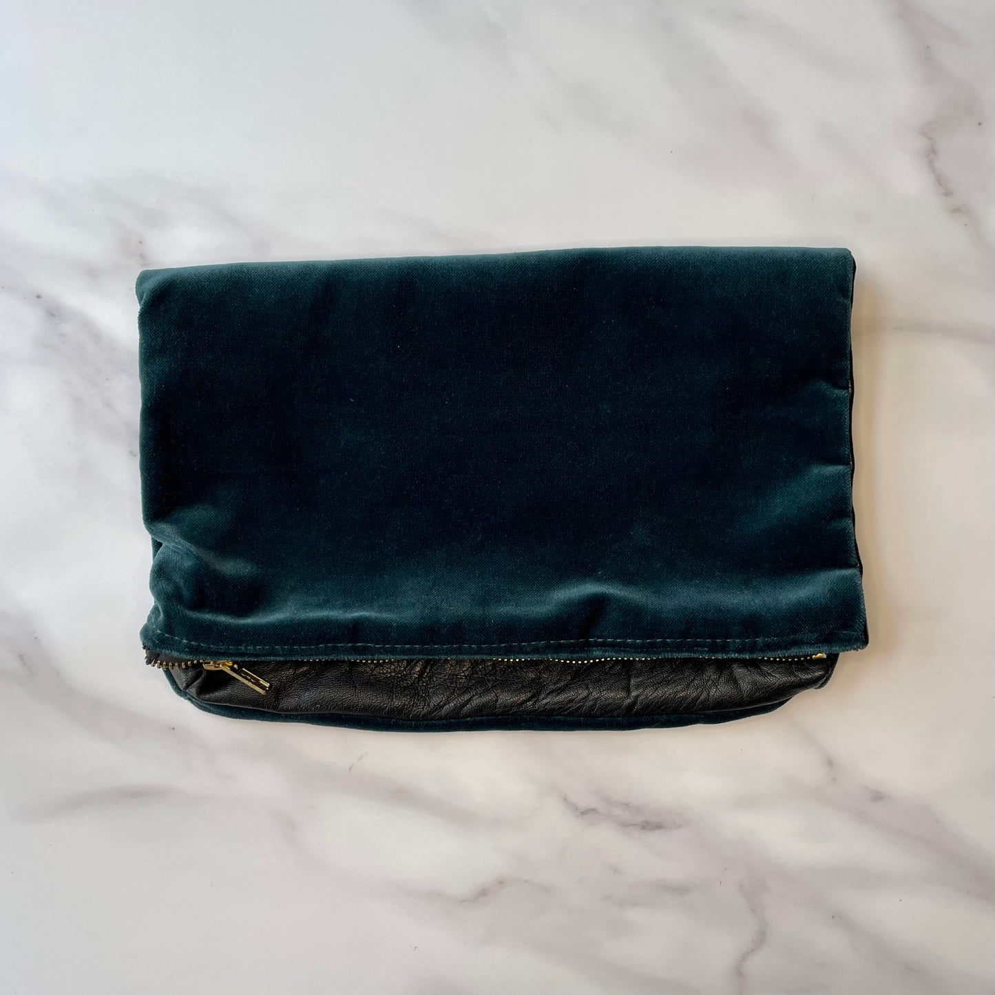 Foldover Clutch: Black Leather / Forest Green Velvet