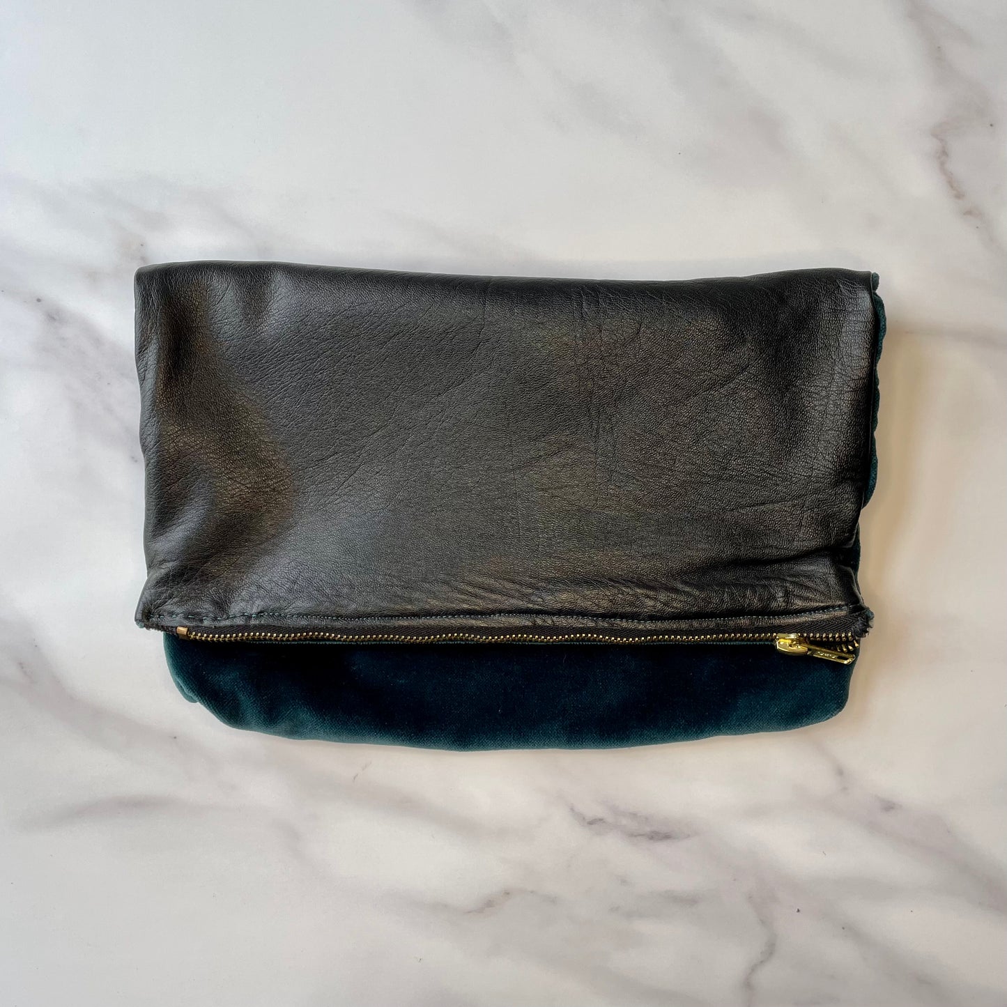 Foldover Clutch: Black Leather / Forest Green Velvet