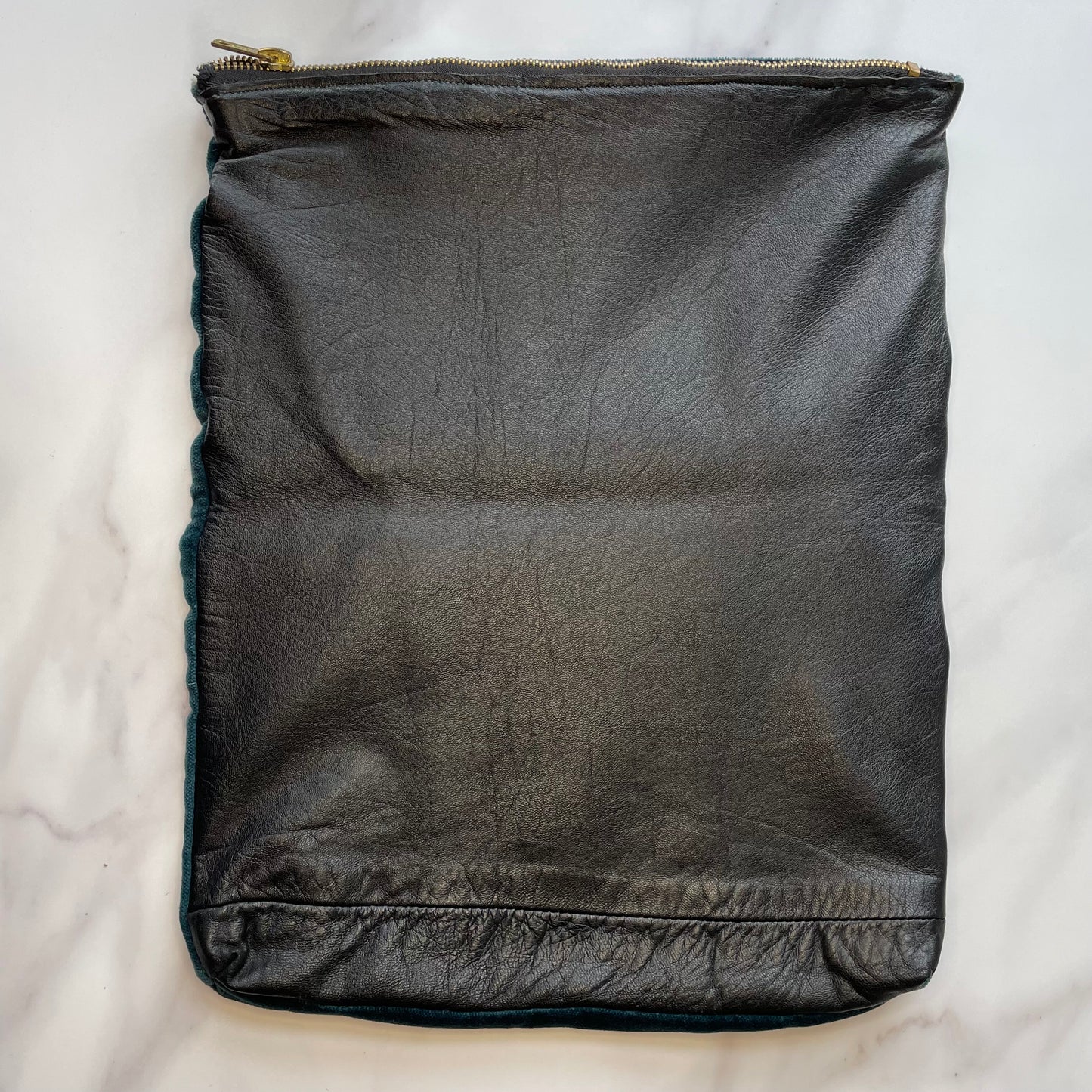 Foldover Clutch: Black Leather / Forest Green Velvet