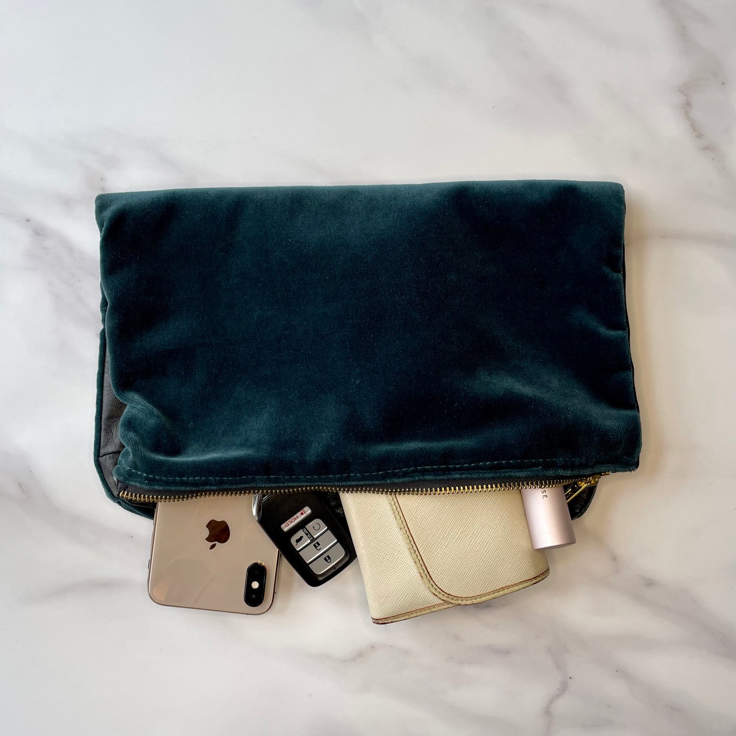 Foldover Clutch: Black Leather / Forest Green Velvet