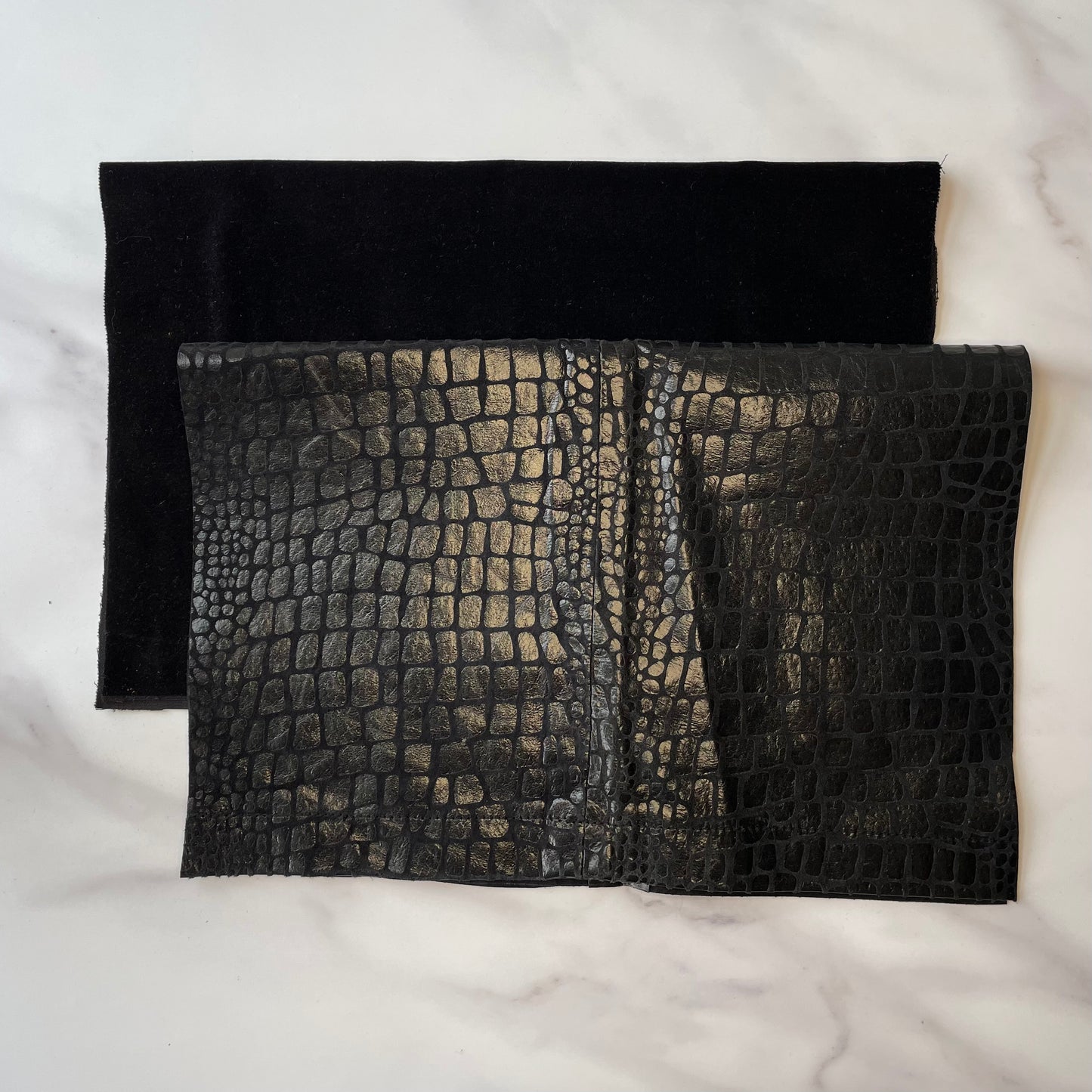 Foldover Clutch: Black Embossed Leather / Black Velvet