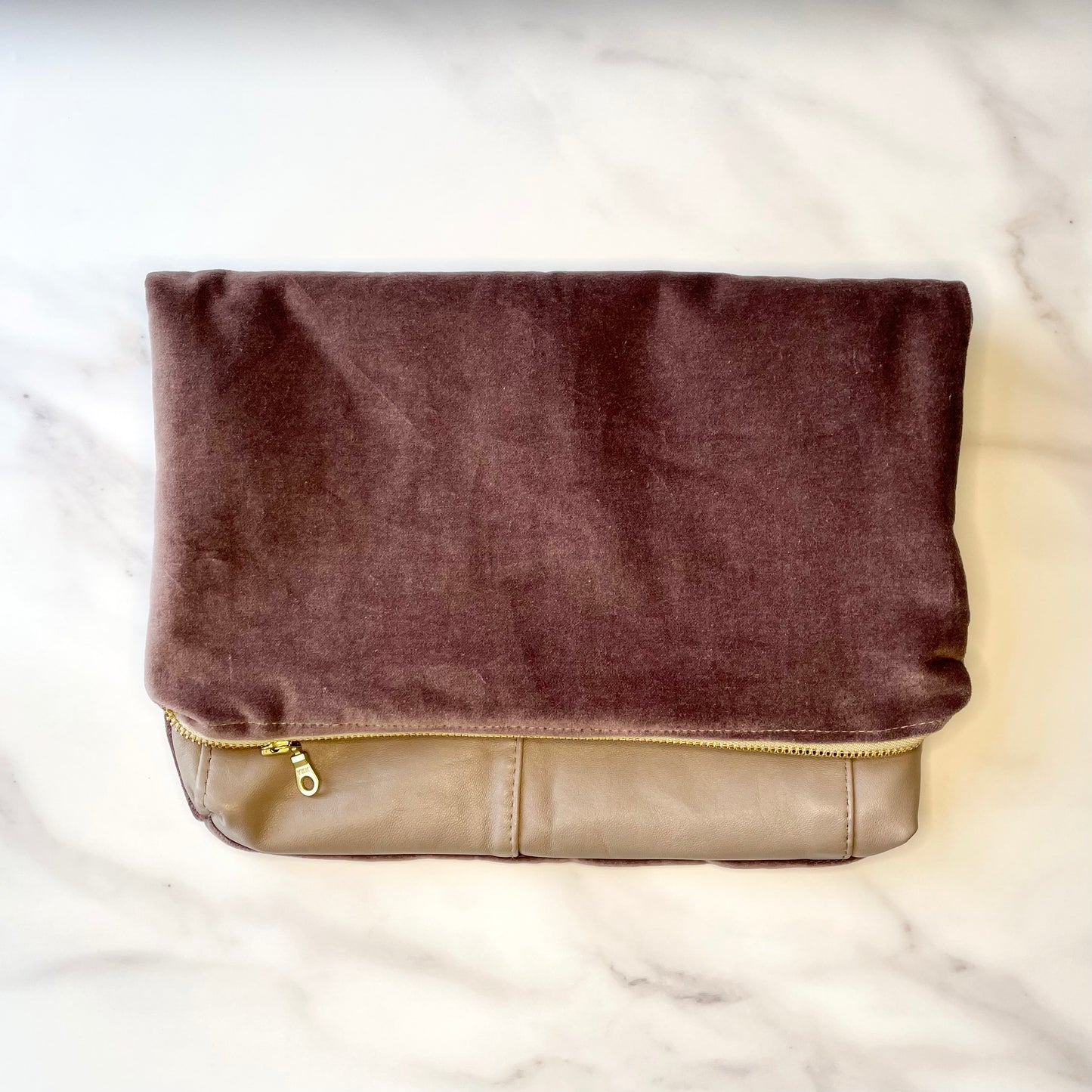 Foldover Clutch: Taupe Leather / Vintage Lilac Velvet