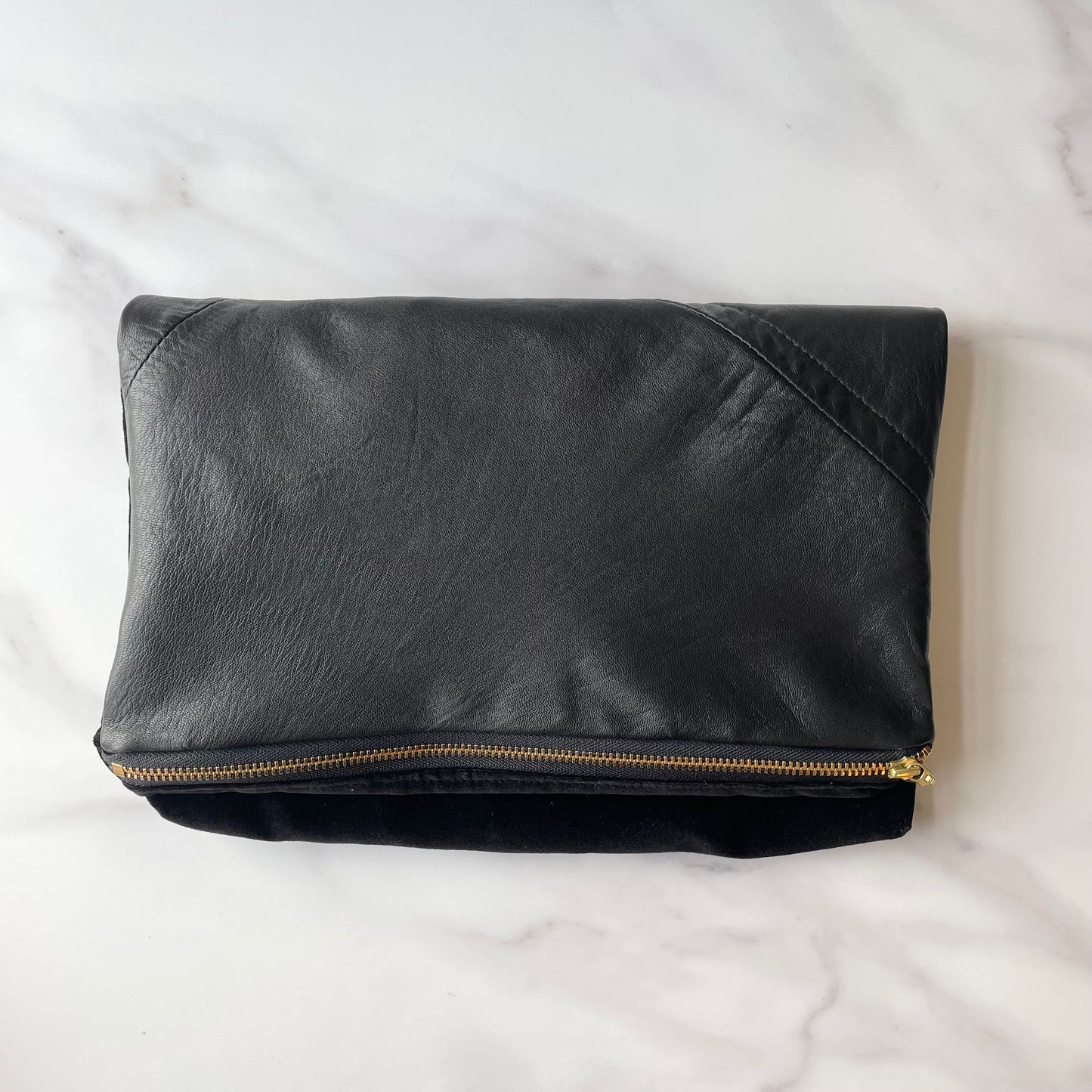Foldover Clutch: Black Leather / Black Velvet