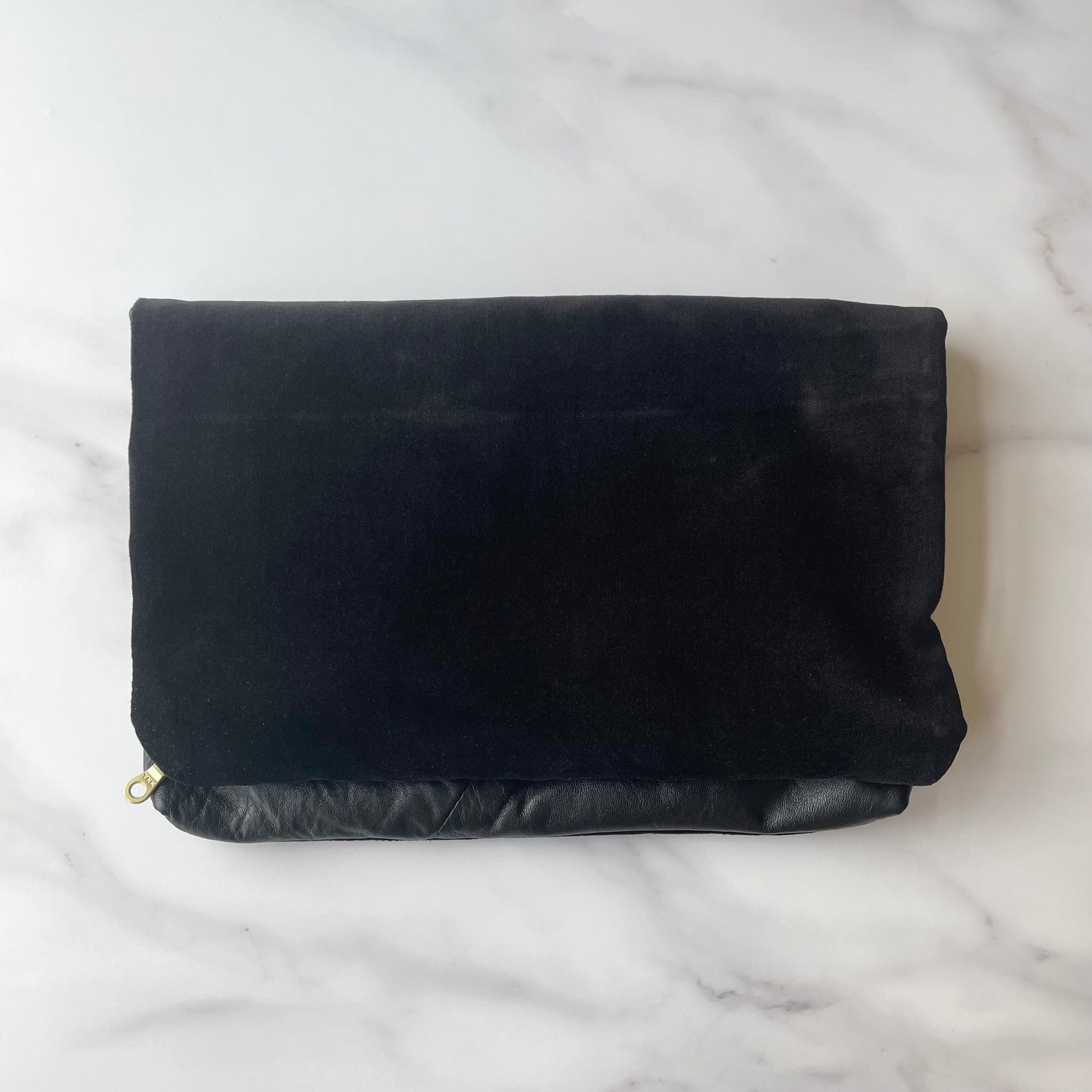 Foldover Clutch: Black Leather / Black Velvet