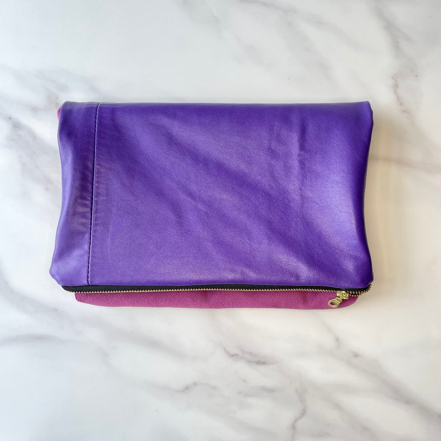 Foldover Clutch: Purple Leather / Raspberry Velvet