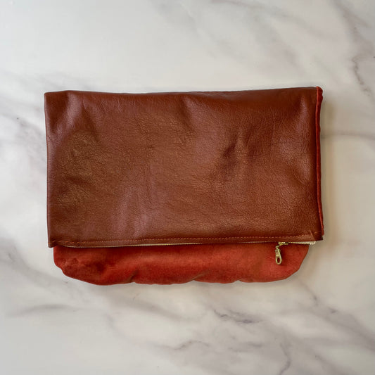 Foldover Clutch: Brown Leather / Rust Velvet