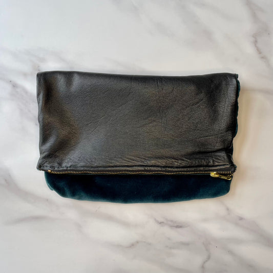 Foldover Clutch: Black Leather / Forest Green Velvet