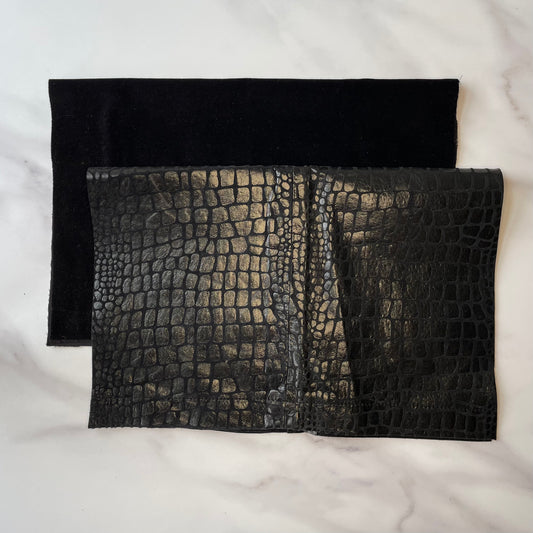 Foldover Clutch: Black Embossed Leather / Black Velvet
