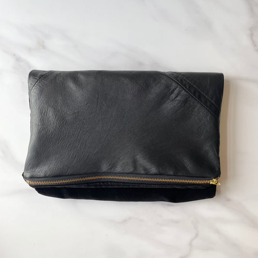 Foldover Clutch: Black Leather / Black Velvet